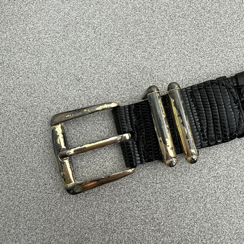Calé Belt Mens OS Black Woven Leather Made in Spain Lizard Embossed Silver 1.25